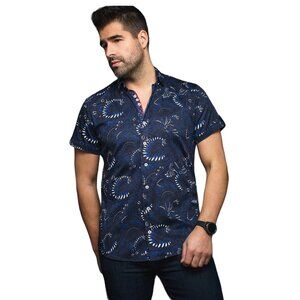 Au‎ Noir Short Sleeve Stretch Espinoza Navy Button Front Size 4/L Classic $178